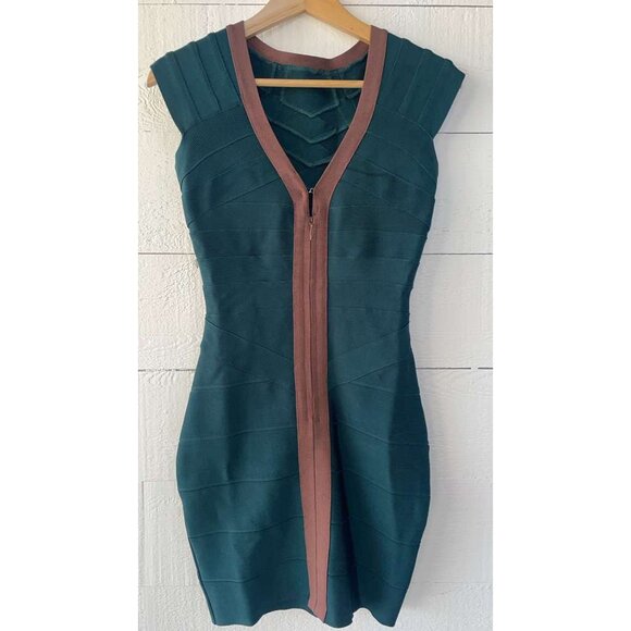 Herve Leger Bodycon Bandage Zipper Green Mini Dress XS - Picture 2 of 6